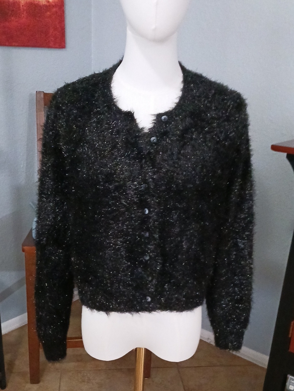 NEW!! Fuzzy Knit Black Button-Front Women's Cardigan